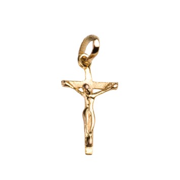 Croix de cou en plaqué or avec Christ – H. 1,5 cm. Livrée en boîte.