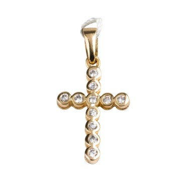 (12889) Croix de cou arrondie en plaqué or sertie de zirconium H. 2,4 cm. Livrée en boite