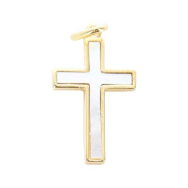 Croix de cou en plaqué or et nacre (3,45 g) – H. 2,2 cm. Livrée en boîte.