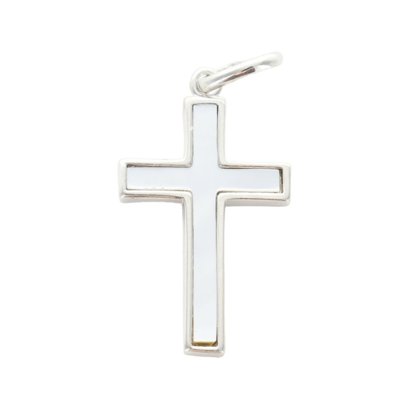 Croix de cou en argent 925 (3,45 g) et nacre – H. 2,2 cm. Livrée en boîte.