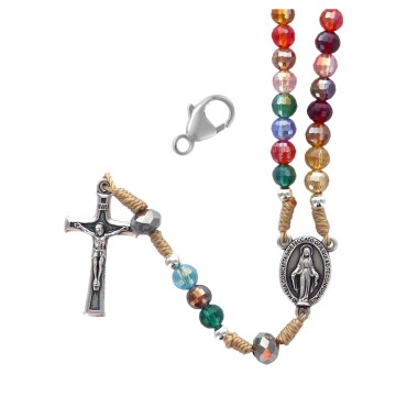 Chapelet grains semi cristal multicolore, Ø 6 mm, sur corde avec fermoir, longueur au cœur 22 cm, croix avec Christ