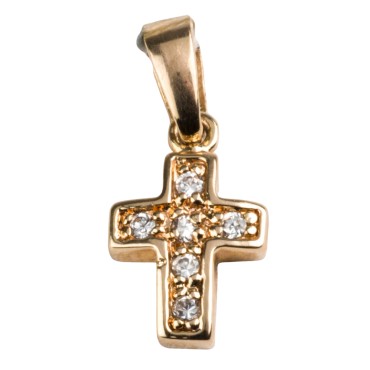Croix de cou en plaqué or avec zirconium à l'intérieur – H. 1,4 cm. Livrée en boîte.