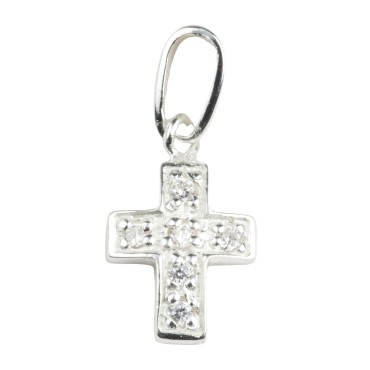 Croix de cou en argent 925 (1,07 g) avec zirconium – H. 1,4 cm. Livrée en boîte.