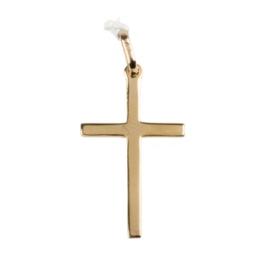 Croix de cou bâton plate en plaqué or – H. 2,8 cm. Livrée en boîte.