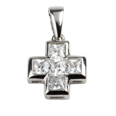 Croix de cou carrée en argent 925 (1,87 g) avec zirconium – H. 1 cm. Livrée en boîte.