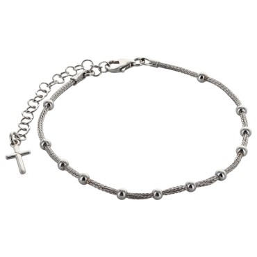 Bracelet dizainier en argent 925 °/°° ajustable sur chaîne serpent, grains Ø 3 mm (2,60 g), avec croix. Livré en boîte.