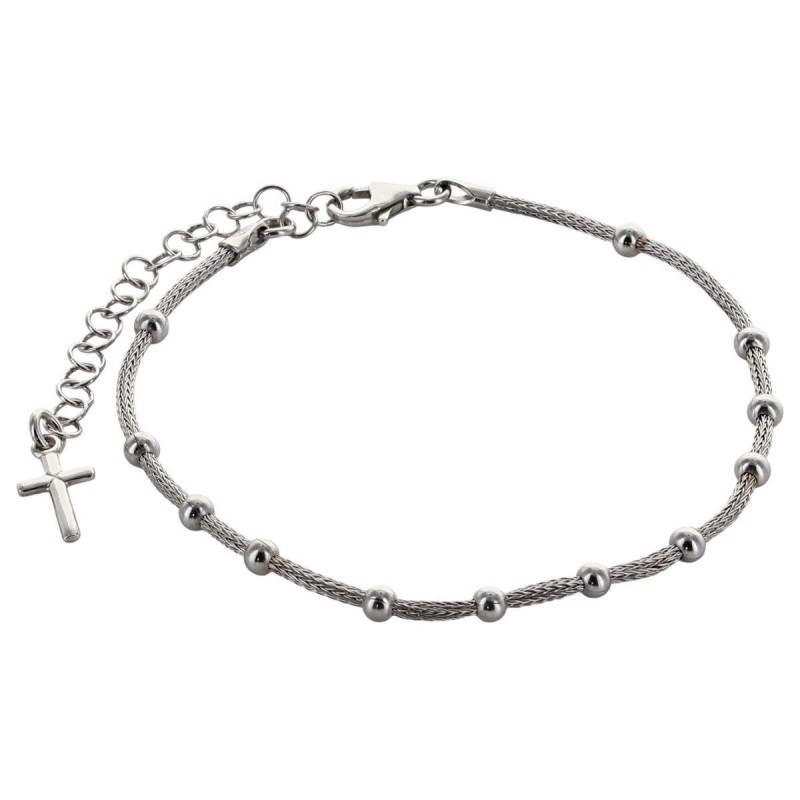 Bracelet dizainier en argent 925 °/°° ajustable sur chaîne serpent, grains Ø 3 mm (2,60 g), avec croix. Livré en boîte.