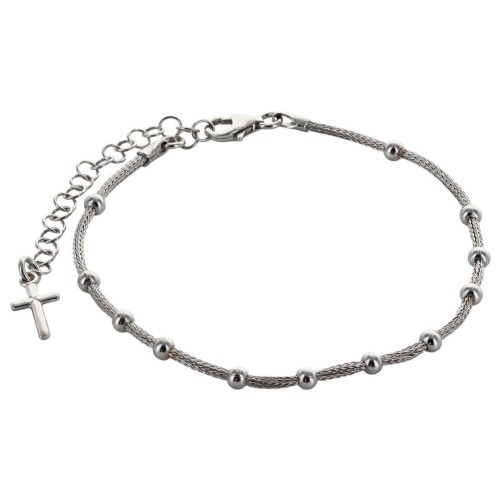 Bracelet dizainier en argent 925 °/°° ajustable sur chaîne serpent, grains Ø 3 mm (2,60 g), avec croix. Livré en boîte.