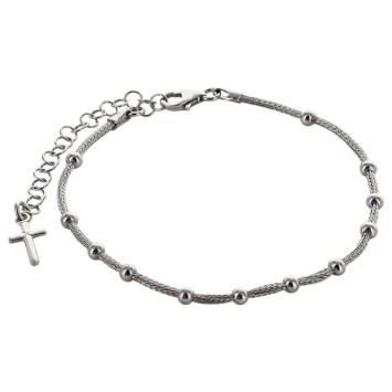 Bracelet dizainier en argent 925 °/°° ajustable sur chaîne serpent, grains Ø 3 mm (2,60 g), avec croix. Livré en boîte.