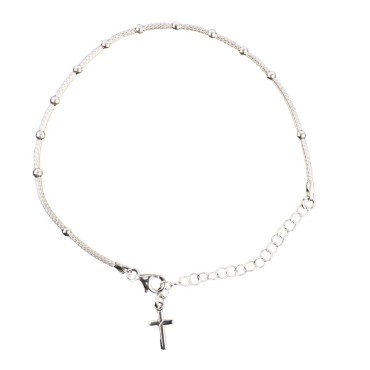 Bracelet dizainier en argent 925 °/°° ajustable sur chaîne serpent, grains Ø 3 mm (2,60 g), avec croix. Livré en boîte.