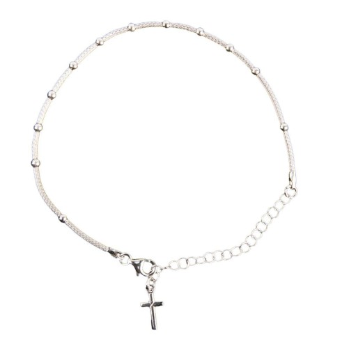 Bracelet dizainier en argent 925 °/°° ajustable sur chaîne serpent, grains Ø 3 mm (2,60 g), avec croix. Livré en boîte.