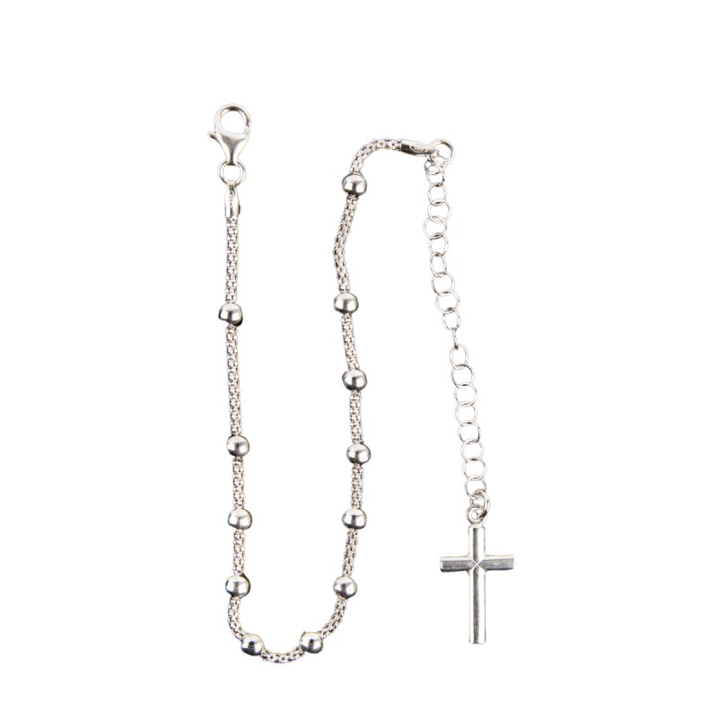 Bracelet dizainier en argent 925 °/°° ajustable sur chaine serpent, grains Ø 4 mm (4,35 g), avec croix. Livre en boite.