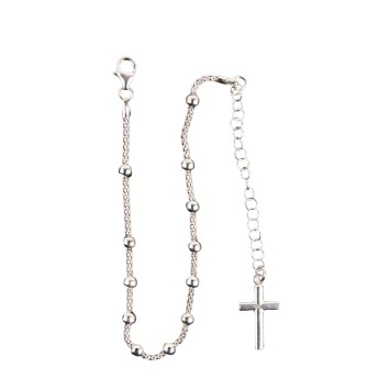 Bracelet dizainier en argent 925 °/°° ajustable sur chaine serpent, grains Ø 4 mm (4,35 g), avec croix. Livre en boite.