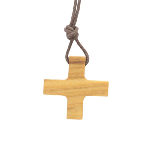 Croix de cou carrée en bois d' olivier H.2.4 cm avec cordon cuir 70 cm.