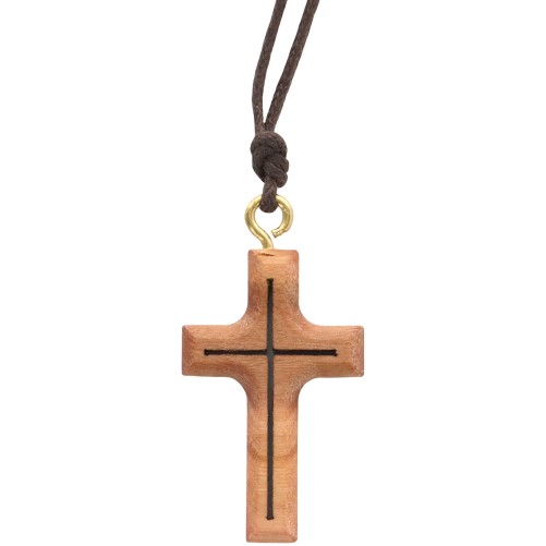 Croix de cou evidee en bois d olivier H. 3 cm avec cordon cuir 70 cm.