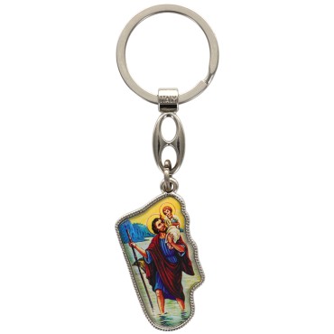 Porte-clés en métal avec face en résine de Saint Christophe, hauteur 3,5 cm.