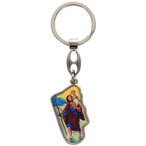 Porte-clés en métal avec face en résine de Saint Christophe, hauteur 3,5 cm.