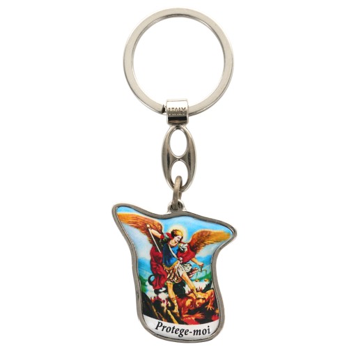Porte-clés en métal avec face en résine de Saint Michel, hauteur 3,5 cm.