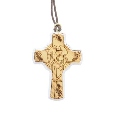 Croix de cou en bois d' olivier contour blanc, thème communion H. 5 cm avec cordon 70 cm.