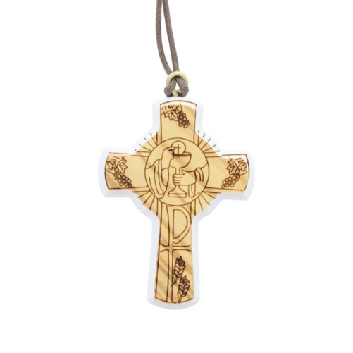 Croix de cou en bois d' olivier contour blanc, thème communion H. 5 cm avec cordon 70 cm.