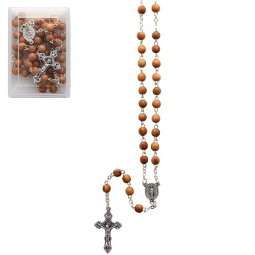 Chapelet en bois d’olivier, chaine et croix avec Christ. grains 6 mm . Livré en boite