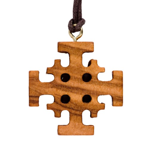 Croix de cou de Jérusalem en bois d olivier H. 3 cm avec cordon cuir 70 cm.