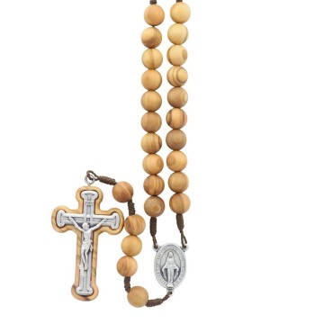 Chapelet sur corde avec fermoir grains en bois d olivier - 10 mm - longueur au cœur 30 cm croix bois et métal