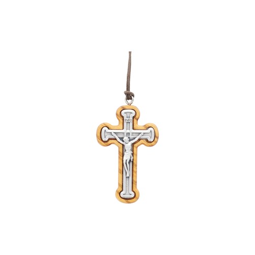 Croix de cou en bois d'olivier avec Christ métal incruste H. 5,3 cm et cordon cuir 70 cm.