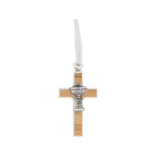 Croix de cou en bois d olivier contours blancs et calice métal H. 3.4 cm avec cordon blanc 70 cm.