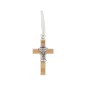 Croix de cou en bois d olivier contours blancs et calice métal H. 3.4 cm avec cordon blanc 70 cm.