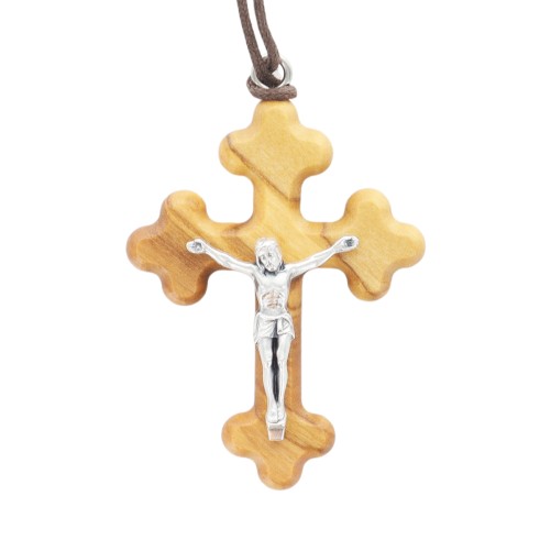 Croix orthodoxe de cou en bois d olivier avec Christ métal H. 5 cm et cordon cuir 70 cm.