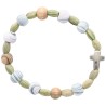 Bracelet dizainier sur élastique grains bois couleurs striés Ø 10 mm, avec croix.