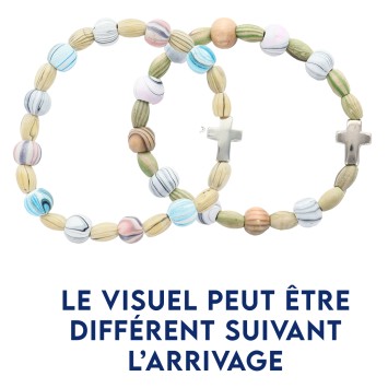 Bracelet dizainier sur élastique grains bois couleurs striés Ø 10 mm, avec croix.