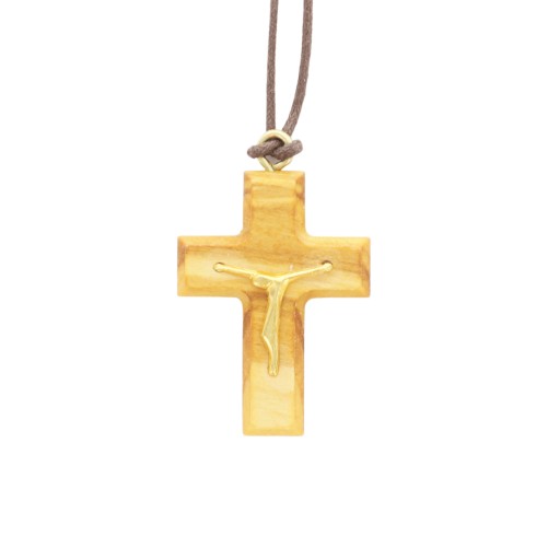 Croix de cou biseautée en bois d olivier avec Christ couleur dorée H. 3,5 cm avec cordon cuir 70 cm.