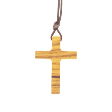 Croix de cou en bois d' olivier H. 3.5 cm avec cordon 70 cm.