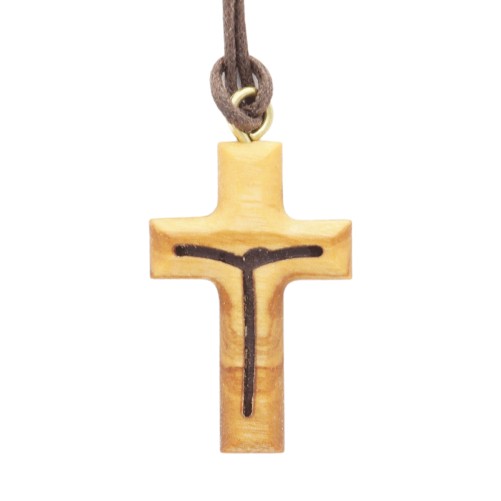 Croix de cou en bois d 'olivier avec Christ moderne évidé H. 3.2 cm et cordon cuir 70 cm.