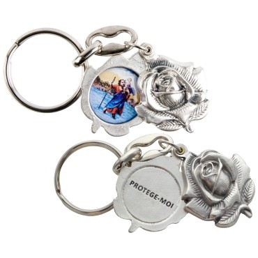 Porte-clés ouvrant forme rose Ø 2,5 cm en métal couleur argentée avec une résine, plusieurs saints.