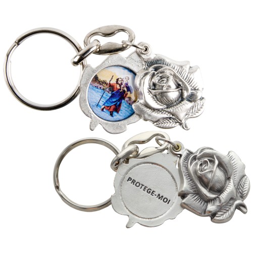 Porte-clés ouvrant forme rose Ø 2,5 cm en métal couleur argentée avec une résine, plusieurs saints.