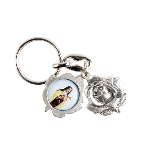 Porte-clés ouvrant forme rose Ø 2,5 cm en métal couleur argentée avec une résine, plusieurs saints.
