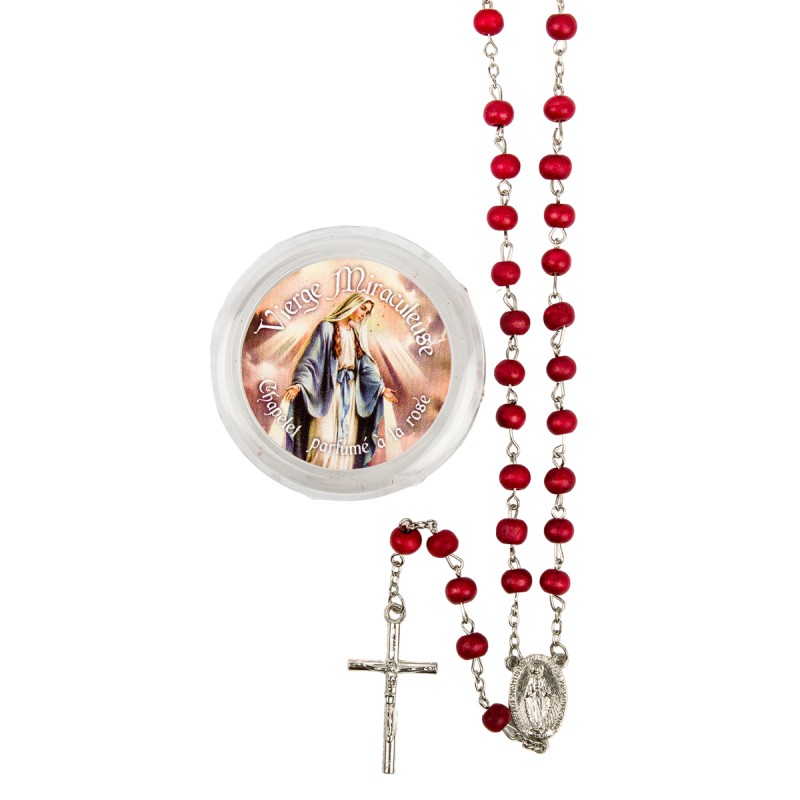 Chapelet grains en bois de rose, Ø 7 mm, chaîne, croix avec Christ plus boîte.