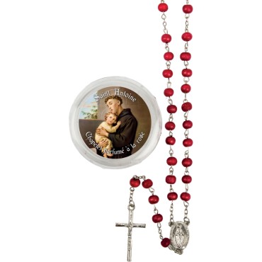 Chapelet grains en bois de rose, Ø 7 mm, chaîne, croix avec Christ plus boîte.