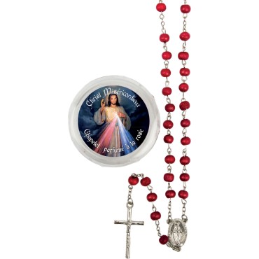 Chapelet grains en bois de rose, Ø 7 mm, chaîne, croix avec Christ plus boîte.