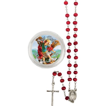 Chapelet grains en bois de rose, Ø 7 mm, chaîne, croix avec Christ plus boîte.