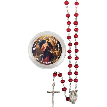 Chapelet grains en bois de rose, Ø 7 mm, chaîne, croix avec Christ plus boîte.