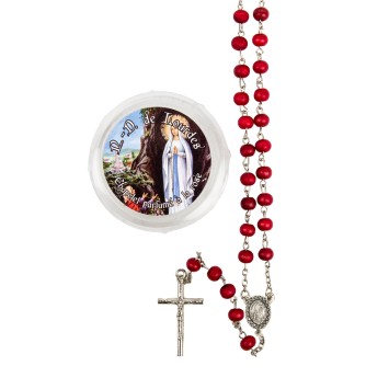 Chapelet grains en bois de rose, Ø 7 mm, chaîne, croix avec Christ plus boîte.