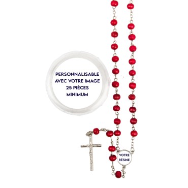 Chapelet grains en bois de rose, Ø 7 mm, chaîne, croix avec Christ plus boîte.