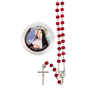 Chapelet grains en bois de rose, Ø 7 mm, chaîne, croix avec Christ plus boîte.