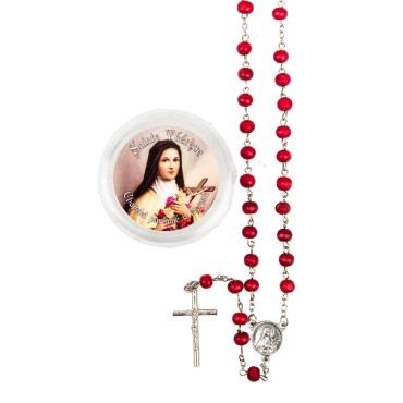 Chapelet grains en bois de rose, Ø 7 mm, chaîne, croix avec Christ plus boîte.