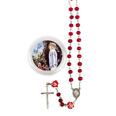 Chapelet bois de rose paters forme rose, Ø 7 mm sur chaîne, croix avec Christ+boîte. Différents Saints