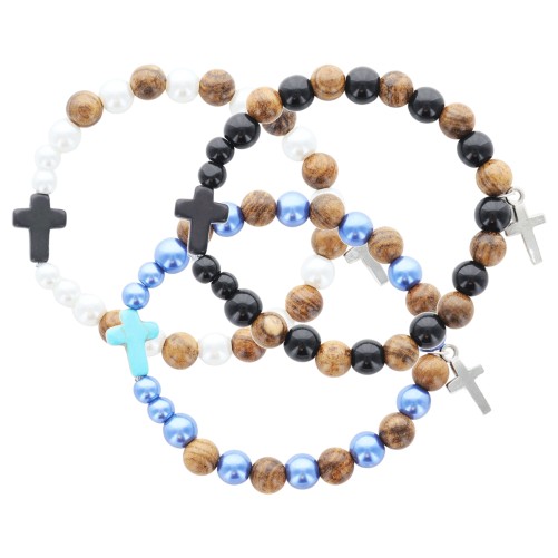 Bracelet élastique, grains en bois et verre Ø 8 mm, croix en pierre et croix métal, plusieurs couleurs disponibles.